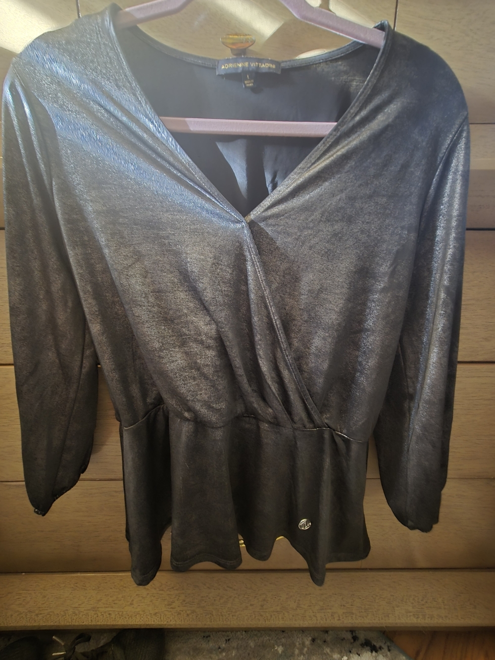 Adrienne Vittadini Metallic Black Wrap Peplum Top